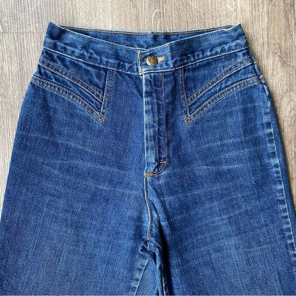 Vintage 70s High Rise XS S 24 Land Lubber Bell Bottoms Dark Wash Hippie Flares - Picture 3 of 11